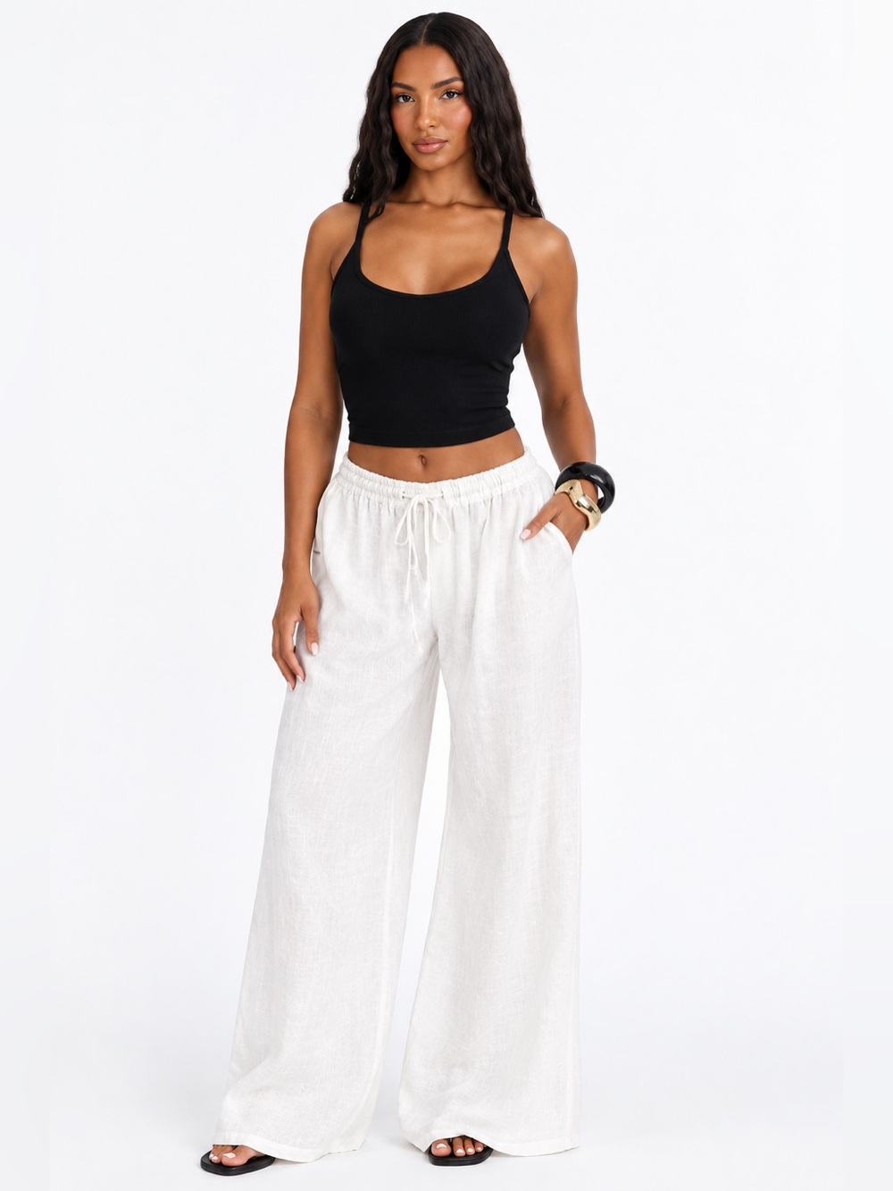 Fashion Nova White Wide-Leg Drawstring Linen Pants